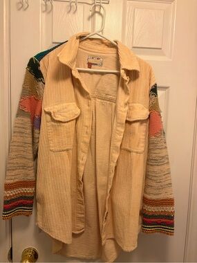 Pilcro Cream Corduroy Shacket with Multicolor Knit Sleeves